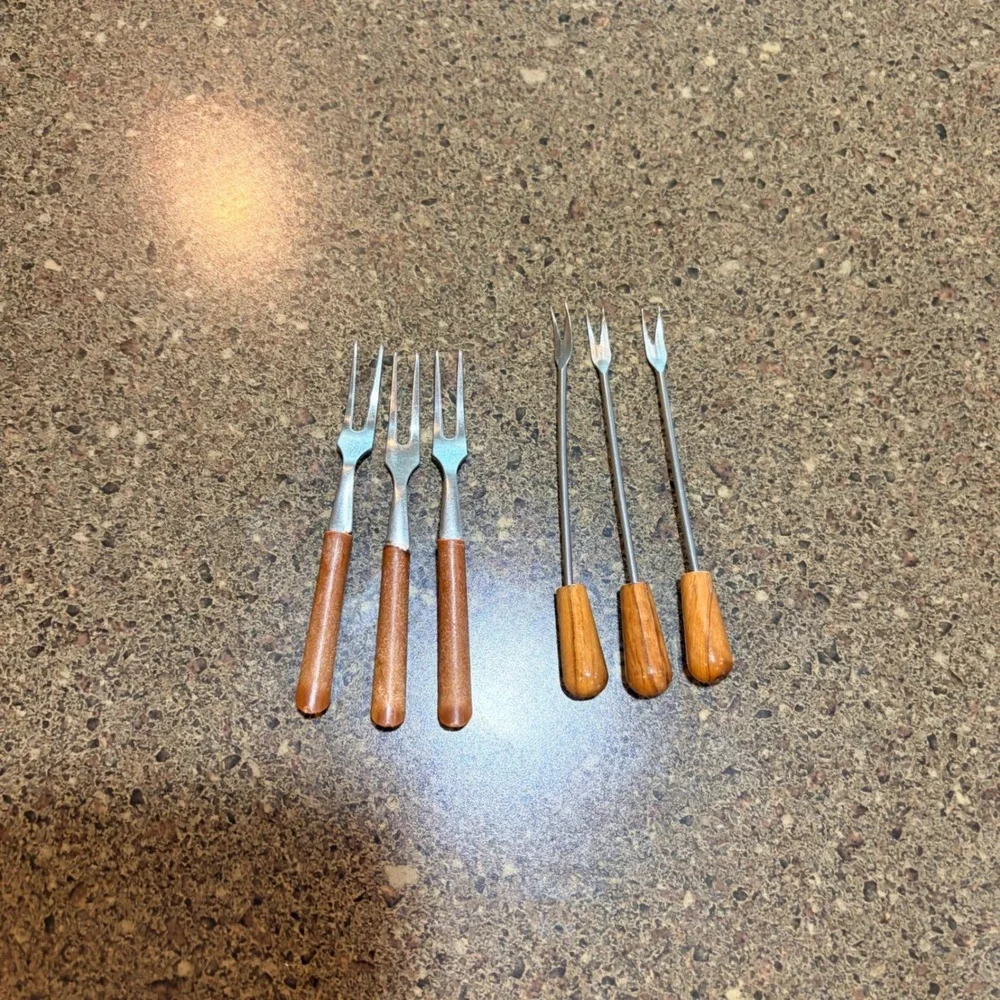 Vintage Mid Century Wood Handle Stainless Steel Appetizer Fondue Forks Set of 6